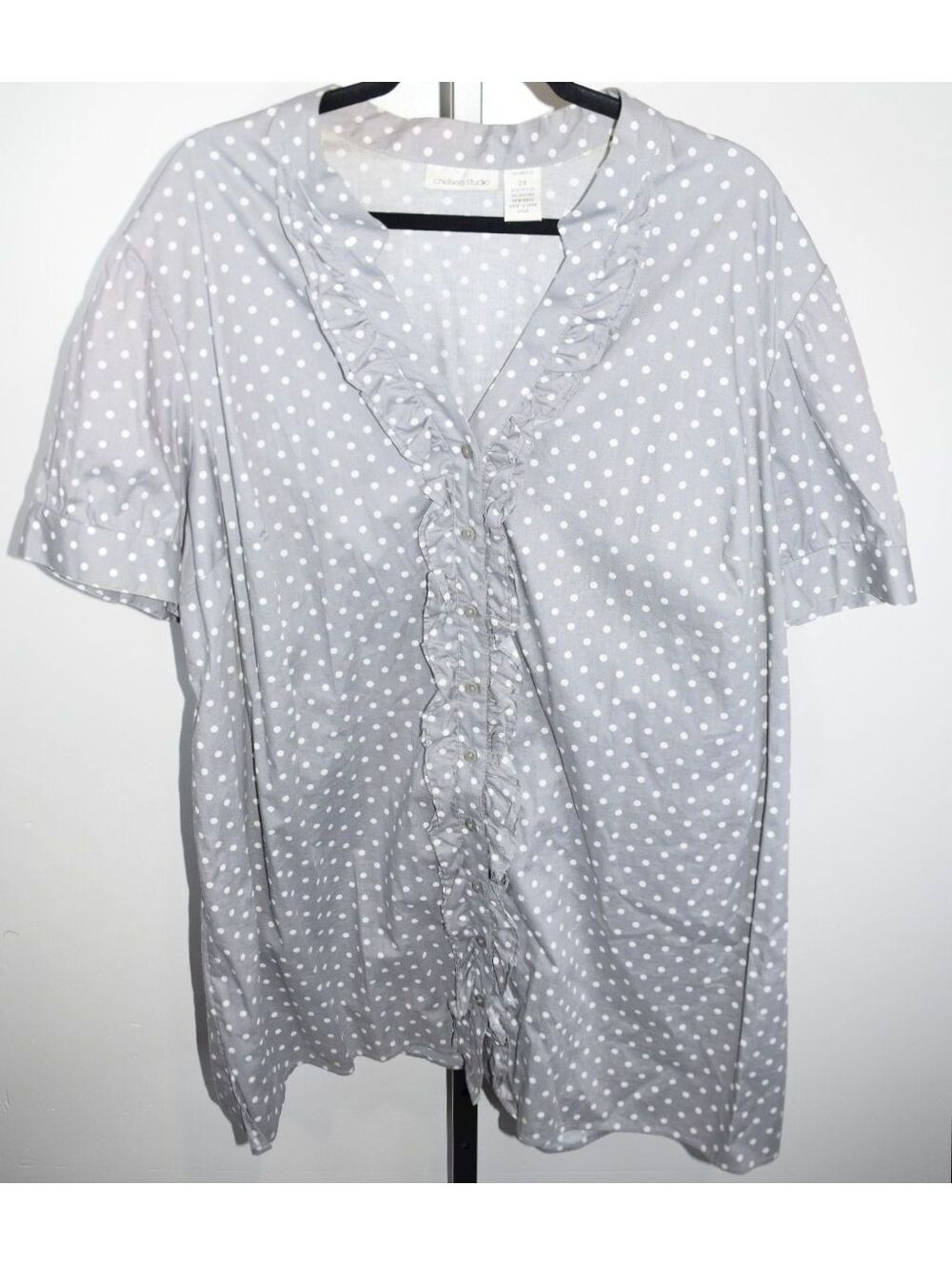 Chelsea Studio Gray Polka Dot Ruffle Button Down Top Size 2X Short Sleeve